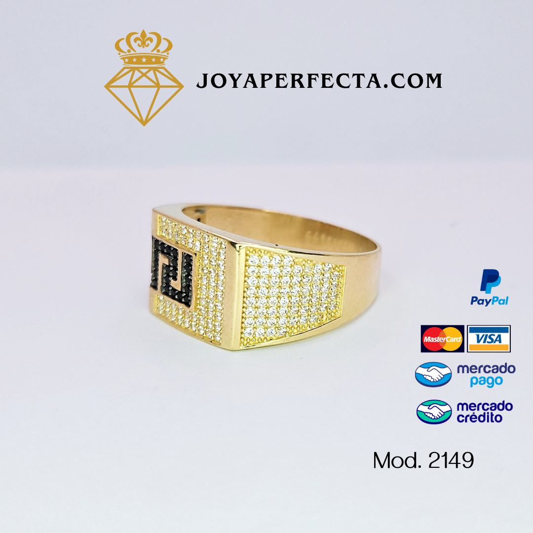 Anillo de oro. Grecas con zirconias y onix. Mod. 2149