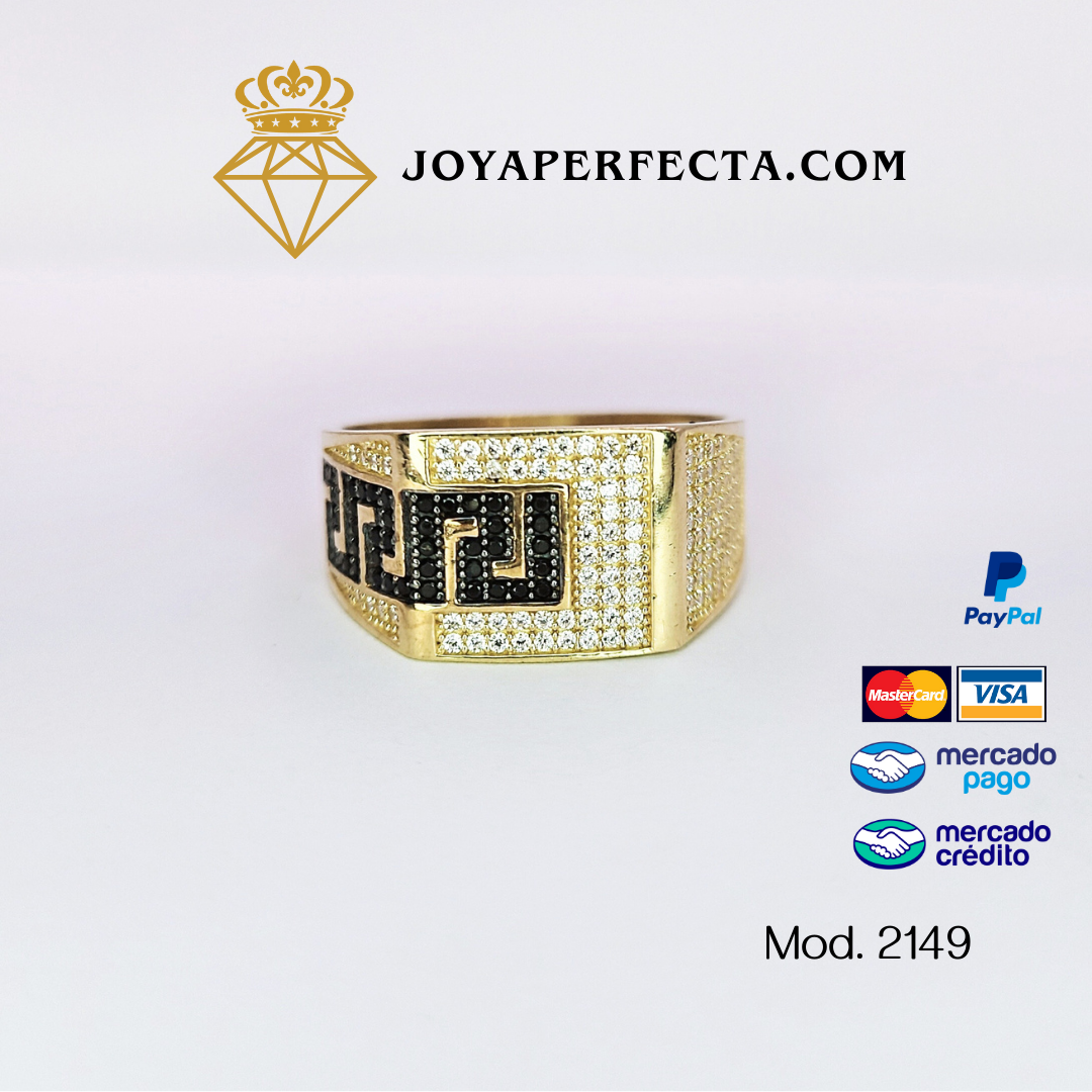 Anillo de oro. Grecas con zirconias y onix. Mod. 2149