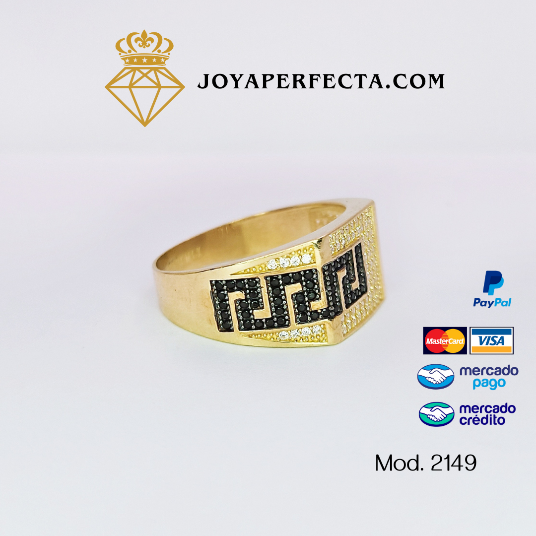 Anillo de oro. Grecas con zirconias y onix. Mod. 2149